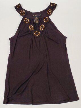 Grass Collection Brown Floral Beaded Halter Top NWOT, Y2K Boho Chic Embellished